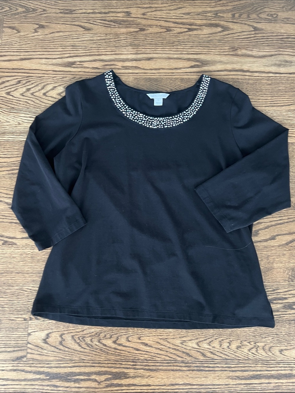 Laura Ashley Deep Black 3/4 Length Sleeve Top with Beaded Round Neck